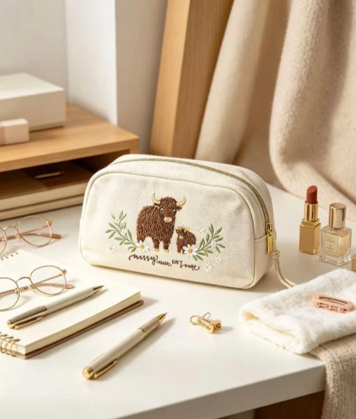 Screenshot Cute Bison Print Canvas Cosmetic Bag, Large Capacity Travel Makeup Pouch for Toiletries & Stationery Storage - Image 1