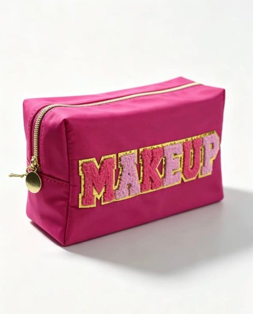 Screenshot Hot Pink Nylon Cosmetic Bag, Chenille "MAKEUP" Letter Travel Makeup Pouch with Gold Zipper - Image 1