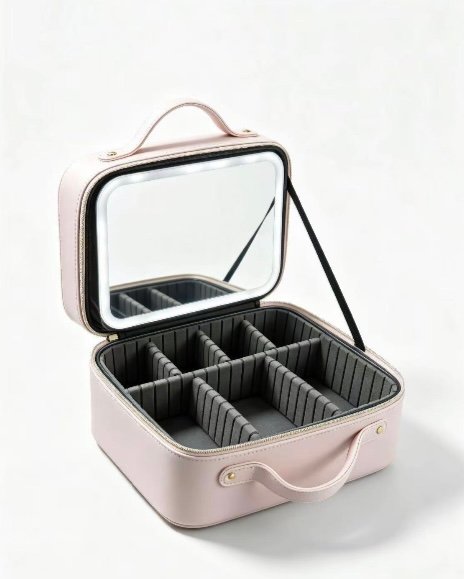 Screenshot Pink Chenille Letter Hair Accessories Organizer Box with Built-in LED Light Mirror, Divided Compartment Travel Storage Case with Clear Lid for Scrunchies, Hair Clips and Barrettes - Image 1